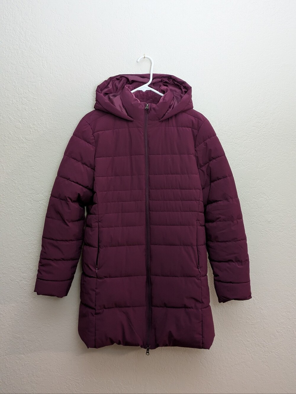 Swiss Tech Hooded Long Puffer Coat in Plum